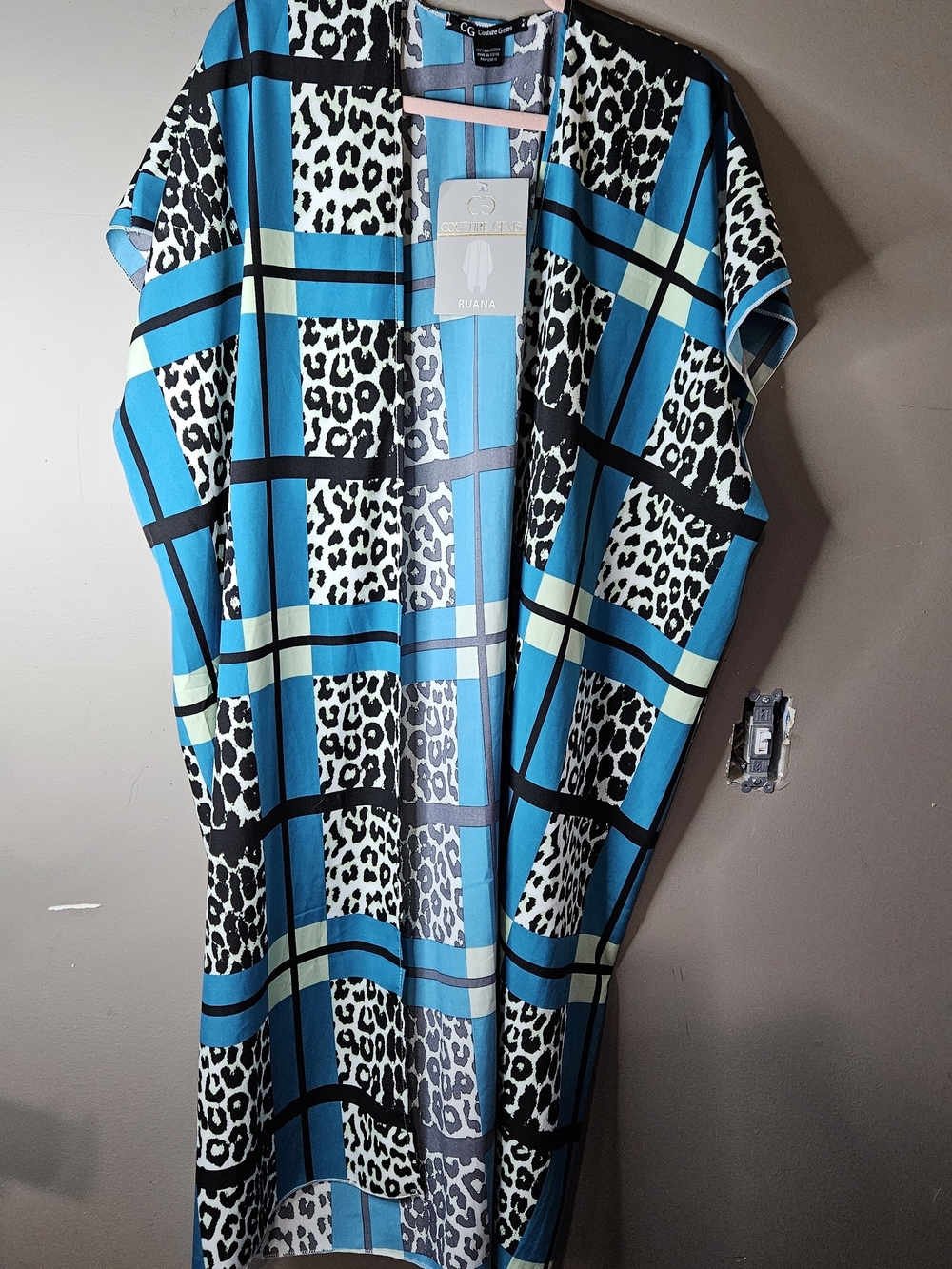 C.C Turquoise & Black Plaid Leopard Print Ruana